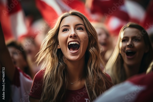 Young cheerful girl against the backdrop of crowd of young people marching along city street under red and white flags. Poland Independence Day. Patriotic concept with national state symbol.