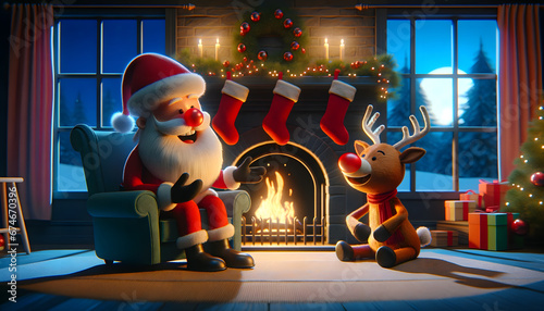 Santa Claus and Reindeer by Fireplace. Illustration enerative AI