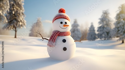Happy Snowman with a Friendly Smile. Wearing a red hat and red scarf. Winter concept. © Yulia