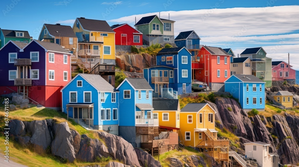 Colorful houses of Signal Hill in St. John’s, Newfoundland, Canada. Generative AI - obrazy, fototapety, plakaty 