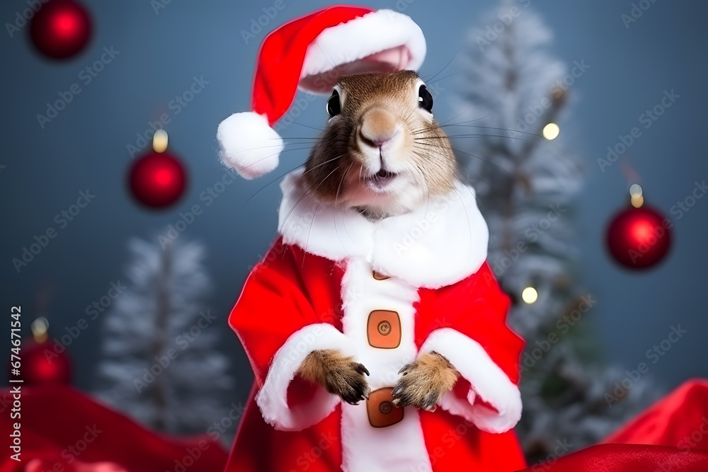 Portrait of a squirrel Dressed in a Red Santa Claus Costume in Studio with Colorful Background