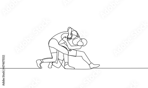 Single continuous drawing of two men fighting. Wrestling. One line drawing vector illustration