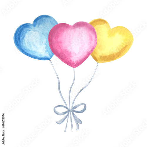 Watercolor composition of colorful heart-shaped balloons tied with bow. Hand drawn illustration for design, holiday cards, birthday and Valentine's Day decoration, printing on packaging and covers.