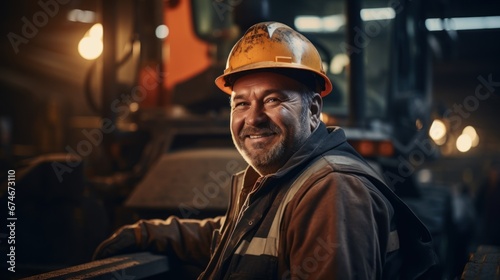 male industrial worker wearing a helmet in the background of excavator production working in an industrial factory. © sirisakboakaew