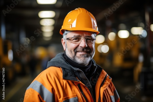 male industrial worker wearing a helmet in the background of excavator production working in an industrial factory.