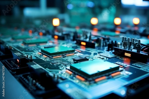 Close-up of an electronic board with a processor or chip. Development of computer technologies. Modern electronics production.
