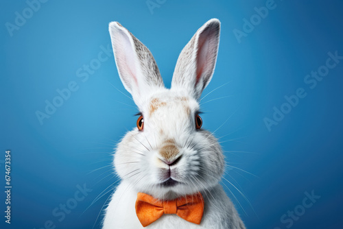 White rabbit with orange bow tie. Portrait on blue background.