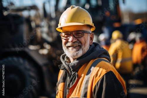 male industrial worker wearing a helmet in the background of excavator production working in an industrial factory.