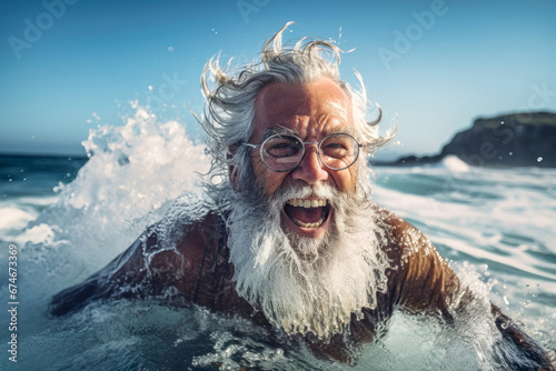 An elderly man with a beard swims in the sea waves. Close-up portrait. Happy emotions. Active lifestyle. Relaxation on the beach. © Anoo