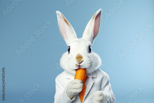 Rabbit in white suit eating a carrot. Portrait on blue background.