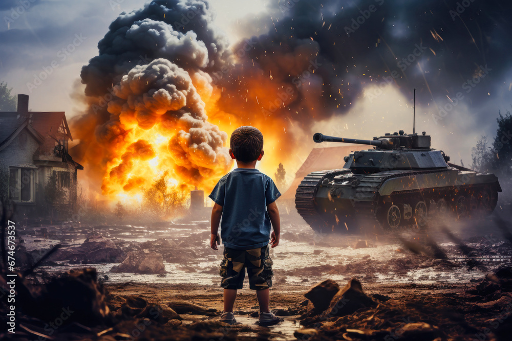 Obraz premium Violent explosion against the backdrop of the house. A child looks at the tank that destroyed his house. Fire and smoke. War. Third World War. Attack on a peaceful city.