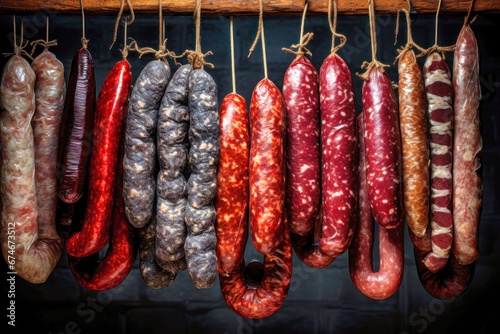 Various types of sausages hung for storage. Dried sausage of various varieties. Wide range of meat products. Homemade production.