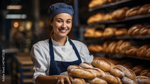 A woman baker in a chef uniform holds freshly baked French bread.