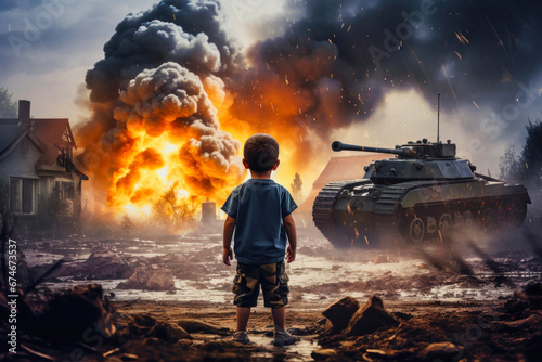 Violent explosion against the backdrop of the house. A child looks at the tank that destroyed his house. Fire and smoke. War. Third World War. Attack on a peaceful city.