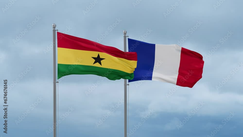 France and Ghana flags waving together on cloudy sky, endless seamless loop, two country relations concept France and Ghana flags waving together on cloudy sky, endless seamless loop, two country relations concept