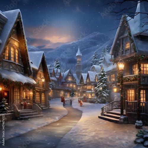 Beautiful winter village at night. Christmas and New Year concept.