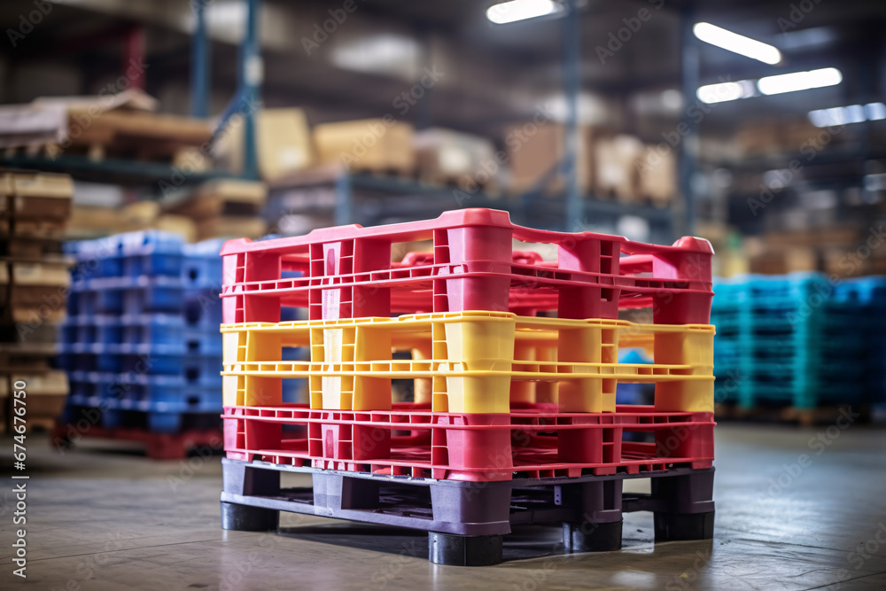 Pile of plastic shipping pallet. Industrial plastic pallet stacked at