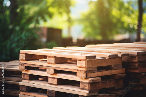 Stack of wooden pallet. Industrial wood pallet at factory warehouse. Cargo and shipping. Sustainability of supply chains. Eco-friendly and sustainable properties. Renewable wood pallet. photo