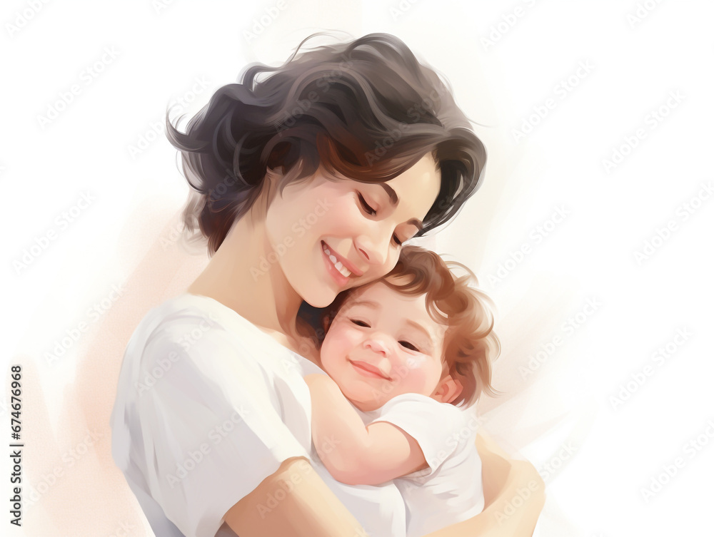 2D illustration of a happy mother and child together. Full of love. Isolated on white background. 2D illustration of a happy mother and child together. Full of love. Isolated on white background.