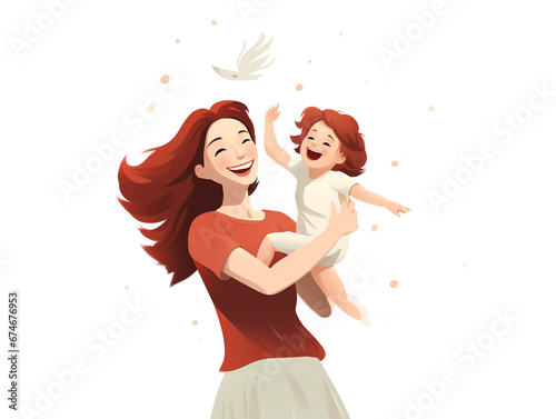 2D illustration of a happy mother and child together. Full of love. Isolated on white background.