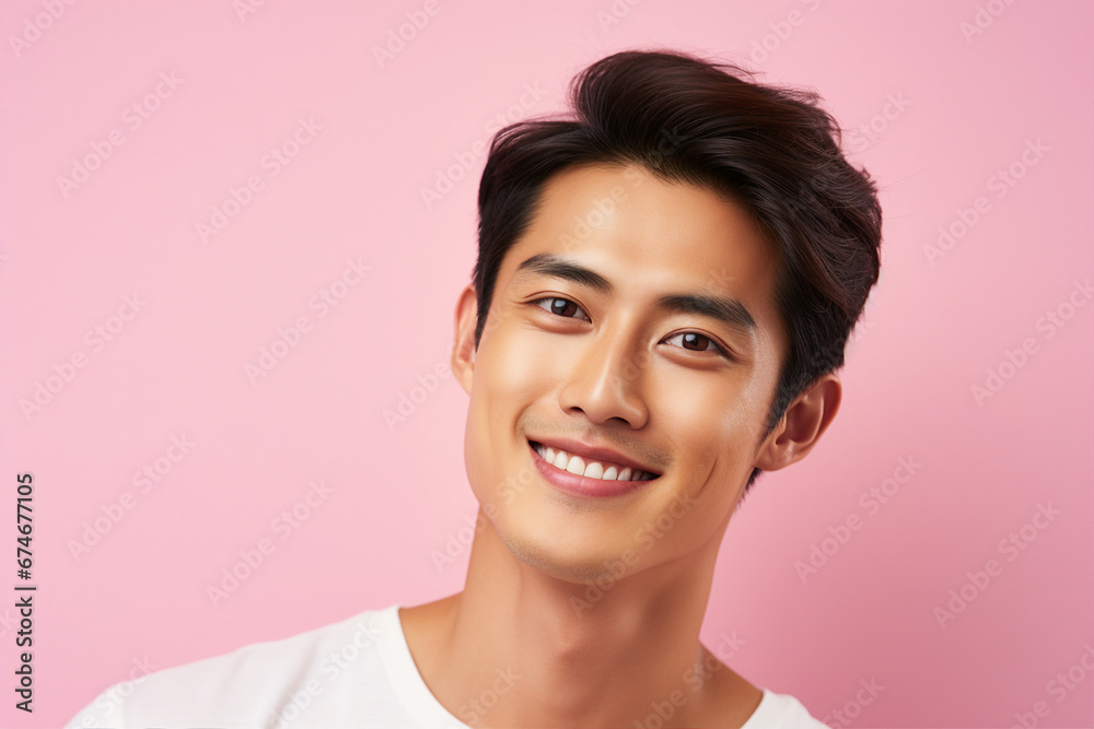 Generative AI handsome successful nice man created with modern technology isolated on pink background Generative AI handsome successful nice man created with modern technology isolated on pink background