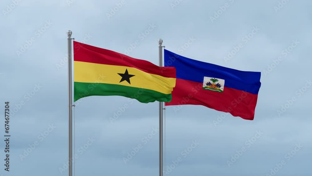 Haiti flag and Ghana flag waving together on cloudy sky, endless seamless loop, two country relations concept Haiti flag and Ghana flag waving together on cloudy sky, endless seamless loop, two country relations concept