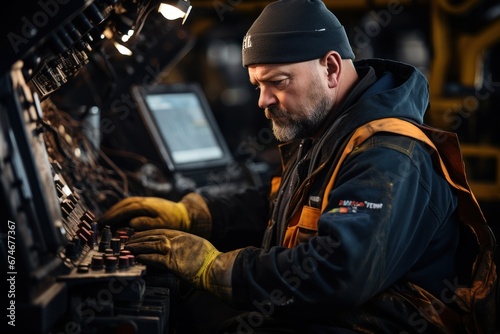 The driver mechanic checks the condition and performance of industrial excavator components before working on open coal.