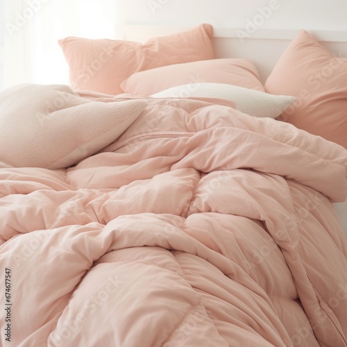 a bed with pink comforter and pillows
