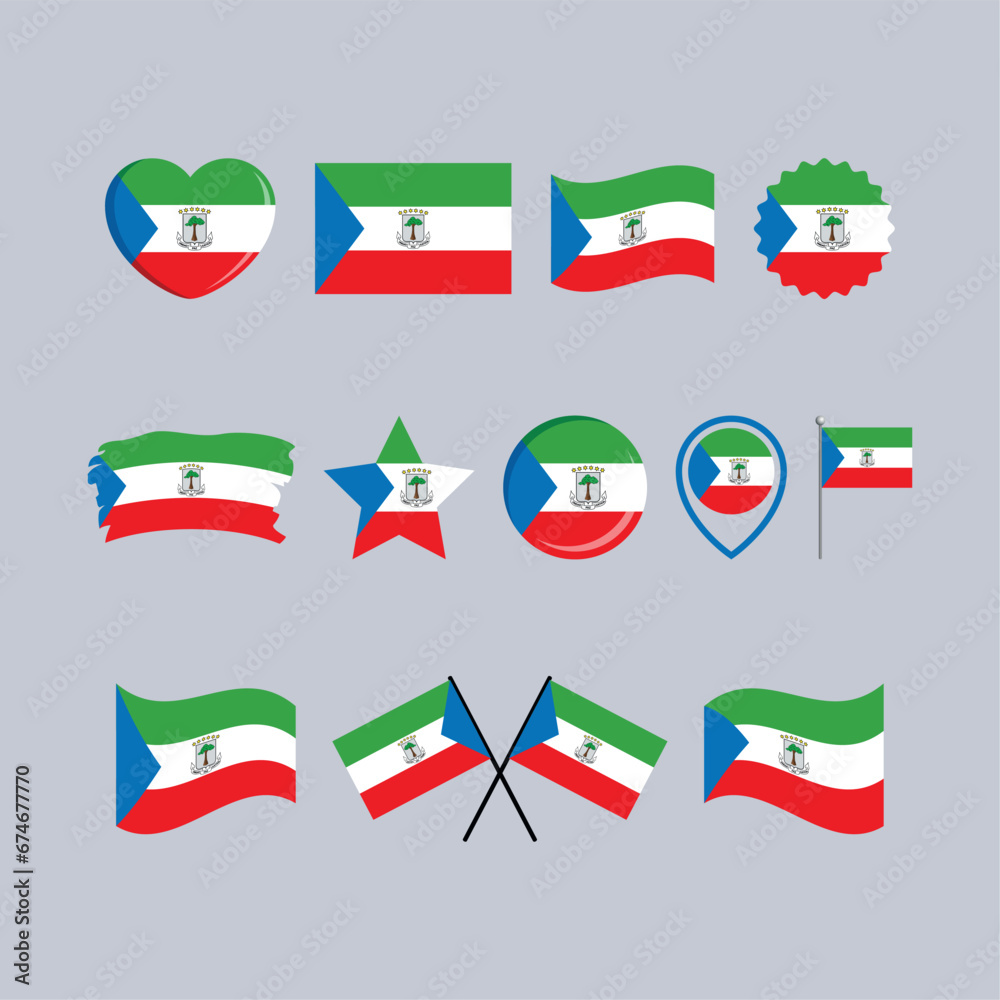 Equatorial Guinea flag icon set vector isolated on a gray background. Equatorial Guinea Flag graphic design element. Set of Equatorial Guinea flag icons in flat style Equatorial Guinea flag icon set vector isolated on a gray background. Equatorial Guinea Flag graphic design element. Set of Equatorial Guinea flag icons in flat style
