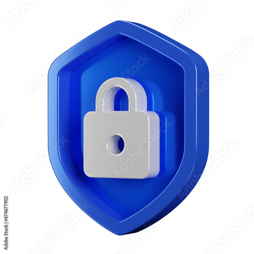 Silver lock icon with 3d security blue shield on transparent background. Password safety sign. Internet and data concept badge illustration. (ID: 674677902)