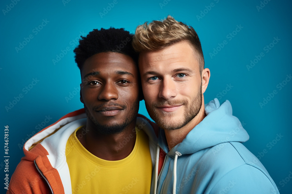 Obraz premium Picture of male best friends elegant guys lgbt couple men in love isolated on vivid background generative AI