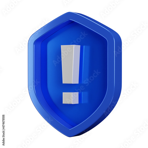 Gray warning icon with 3d security blue shield on transparent background. Exclamation sign. Internet and data safety concept illustration. (ID: 674678108)