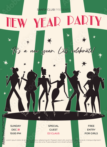 Night club retro New Year party invitation. 60s - 70s disco style Christmas poster. Vector illustration with dancing people silhouette.