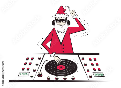 60s - 70s retro style DJ Santa Claus character vector illustration for Christmas and New year.