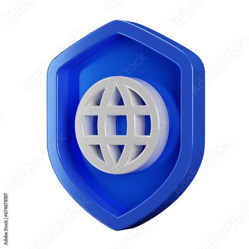 Gray web icon with 3d security blue shield on transparent background. Homepage globe sign. Internet and data safety concept illustration. (ID: 674678187)