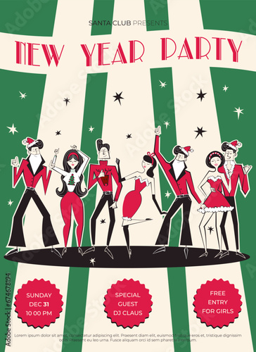Night club retro New Year party invitation. 60s - 70s disco style Christmas poster. Vector illustration with dancing people in red Christmas clothing.