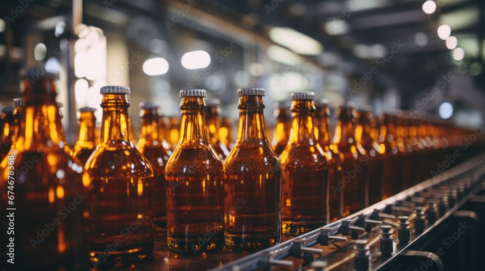 Brown plastic bottles with beer moving on a conveyor belt Production line of modern food industry brewery Brown plastic bottles with beer moving on a conveyor belt Production line of modern food industry brewery