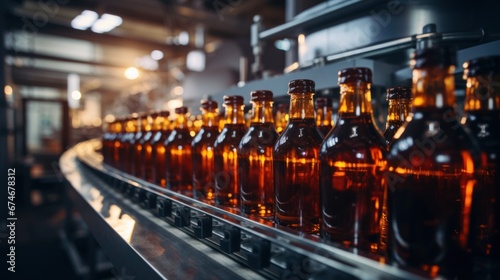 Brown plastic bottles with beer moving on a conveyor belt Production line of modern food industry brewery