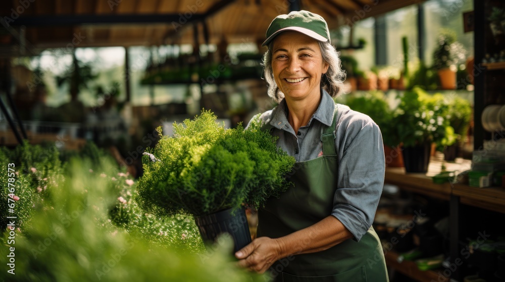 Senior female gardener sells plants at the garden shop in the back. Control flowers and trees Senior female gardener sells plants at the garden shop in the back. Control flowers and trees