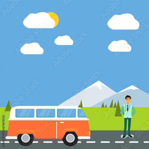 Immerse your designs in mood of thoughtful reflection with illustrative portrayal of man standing on road under a cloudy sky. Whether for introspective promotions, nature-inspired graphics.