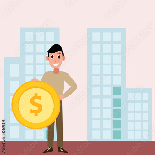 Immerse your designs in realm of financial aspirations with illustrative portrayal of man symbolizing his wealth ambitions by holding a prominent dollar sign. 