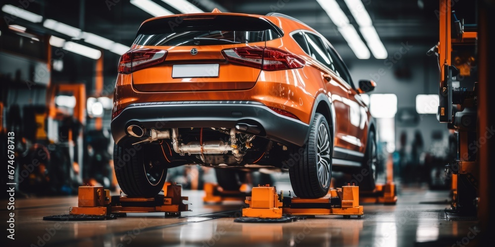 Fototapeta premium Vehicle inside garage workshop for auto camber fixing work.