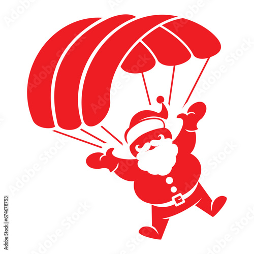 Santa Claus silhouette descends to earth under parachute. Vector icon on transparent background