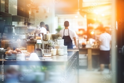 Blurred coffee shop or cafe restaurant The background of the restaurant was blurry and there were some people, a chef and a waiter working.by Generative AI