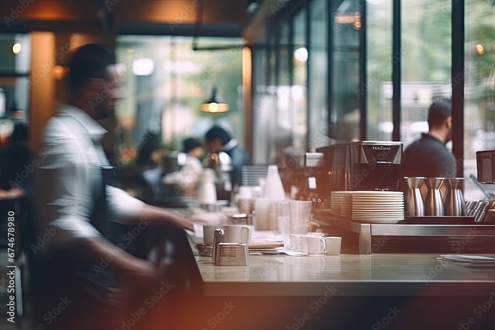 Blurred coffee shop or cafe restaurant The background of the restaurant was blurry and there were some people, a chef and a waiter working.by Generative AI Blurred coffee shop or cafe restaurant The background of the restaurant was blurry and there were some people, a chef and a waiter working.by Generative AI