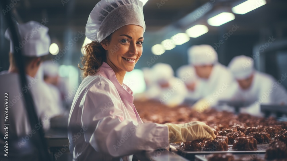 Female workers control the quality of desserts. Modern food industry storage, chocolate factory production line - obrazy, fototapety, plakaty 
