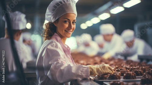 Female workers control the quality of desserts. Modern food industry storage, chocolate factory production line