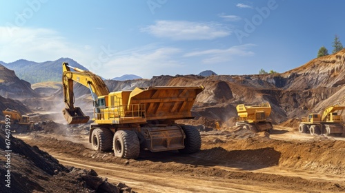 Excavator loading sand to industrial truck on industry quarry. © sirisakboakaew