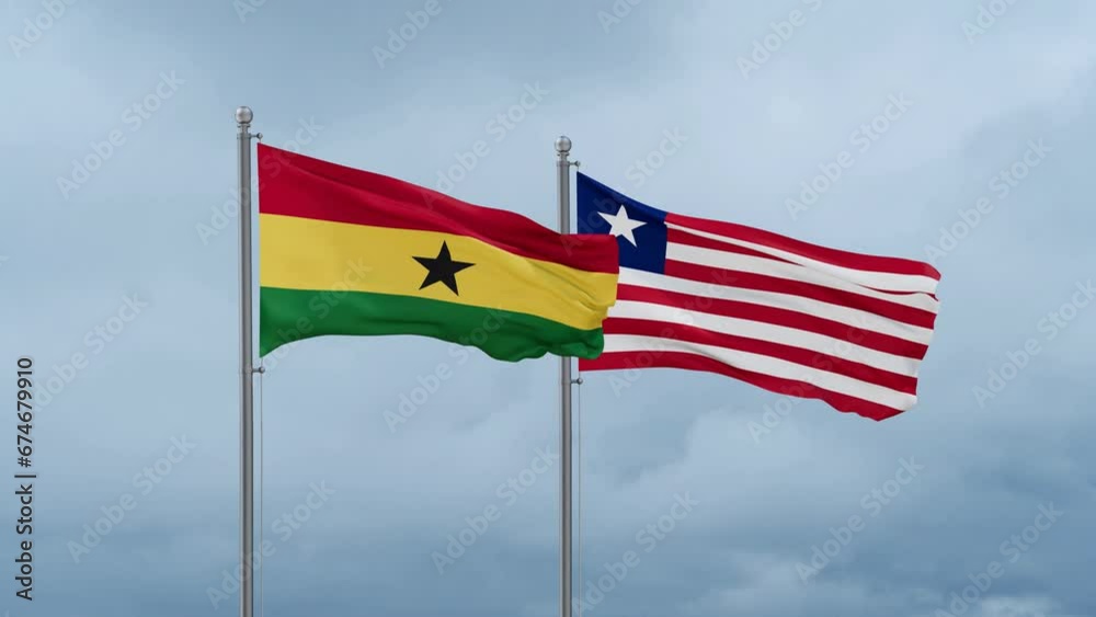 Liberia and Ghana flag waving together on cloudy sky, endless seamless loop, two country cooperation concept Liberia and Ghana flag waving together on cloudy sky, endless seamless loop, two country cooperation concept