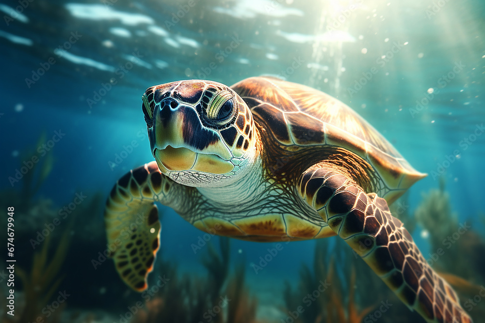 Fototapeta premium The sea turtle gracefully glides through the ocean, sunlight piercing through the water's surface, illuminating its path